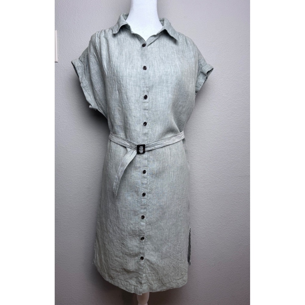 C&C California Sage Green 100% Linen Button Front Belted Shirt Dress Small